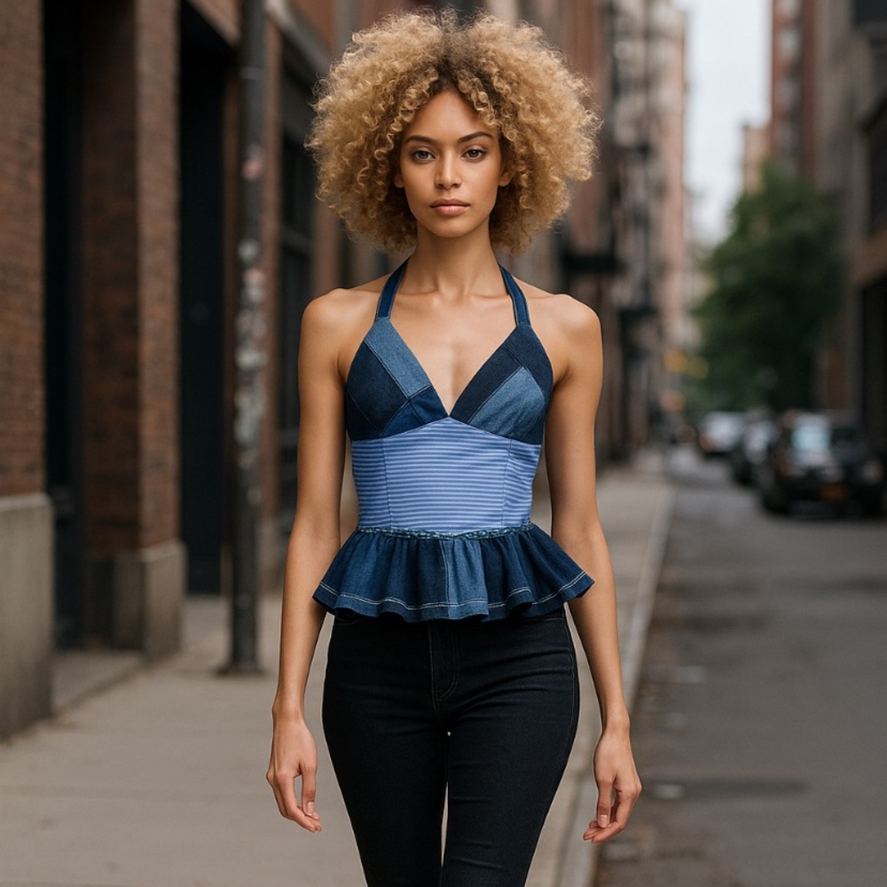 Blue Patchwork Peplum Top